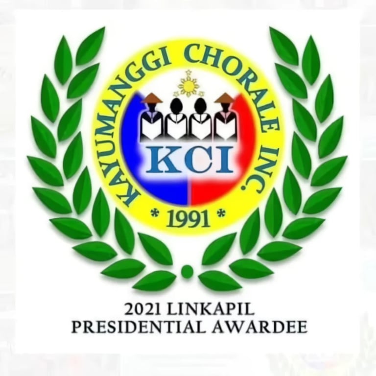 KCI Kayumanggi Chorale Inc logo with laurel wreath, 2021 Linkapil Presidential Awardee emblem