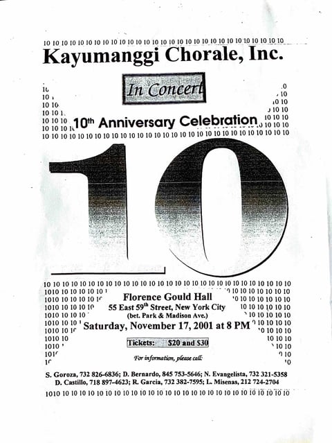 Kayumanggi Chorale 10th Anniversary Concert poster advertising an event at Florence Gould Hall on November 17, 2001